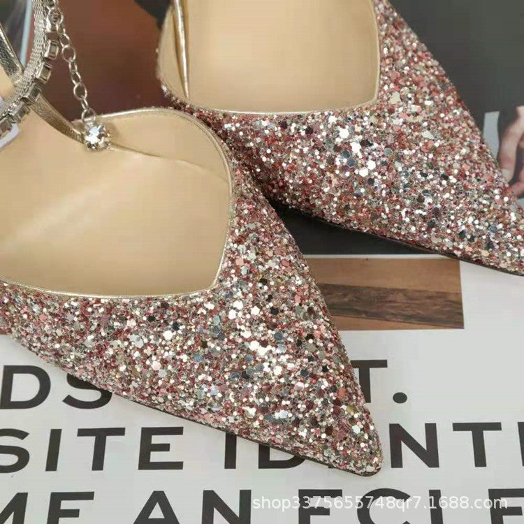 Strassbesetzte Stiletto-Pumps | Diamantketten-Knöchelriemen-Pumps mit spitzer Zehenpartie | Luxuriöse Glitzer-Hochzeitspumps für Damen 