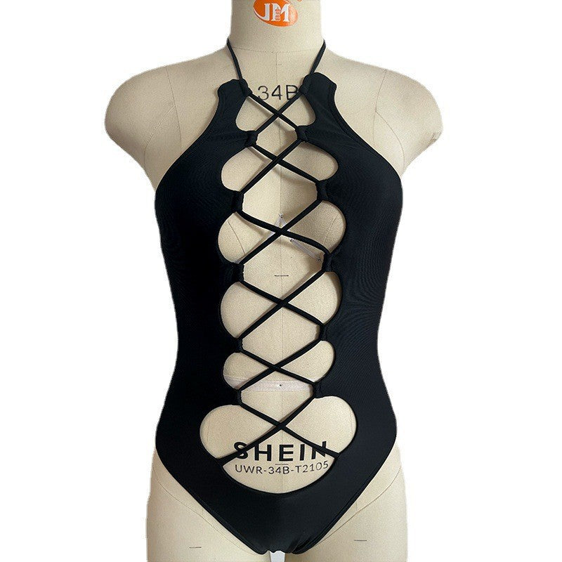 Women's Black Lace Up Halter One Piece Swimsuit with Cutout Design and High Cut Leg for Beach and Pool