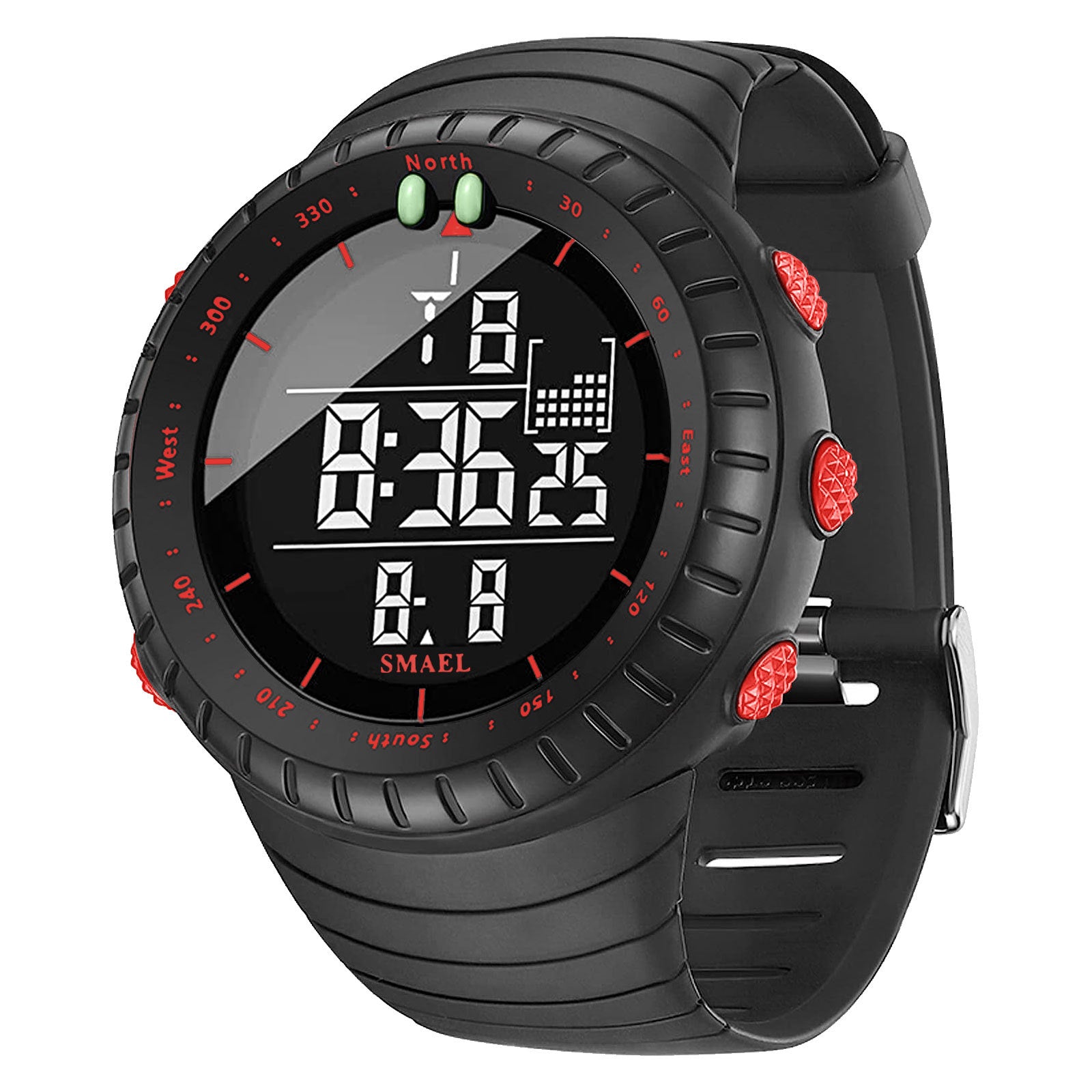 SMAEL Men's Digital Sport Watch | Compass Bezel Black Orange | Military Tactical LED Outdoor Watch with Calendar & Alarm