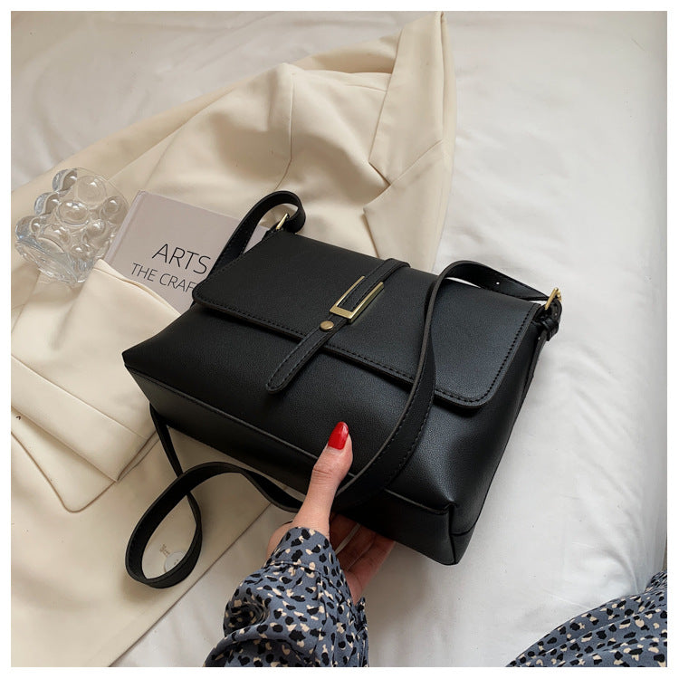 Black Leather Crossbody Bag with Gold Hardware | Structured Flap Shoulder Purse