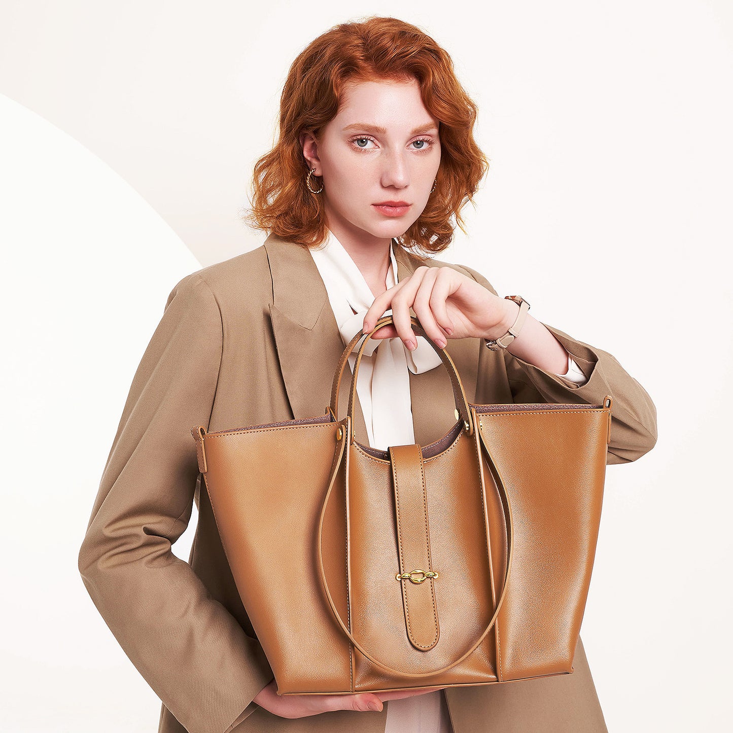 Caramel Tan Leather Tote Bag - Women's Structured Shoulder Bag with Gold Hardware | Large Capacity Work & Professional Tote