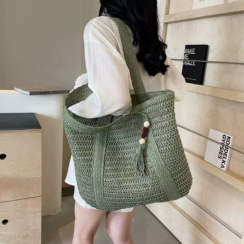 Natural Woven Straw Tote Bag with Tassel | Beach Crochet Shoulder Bag