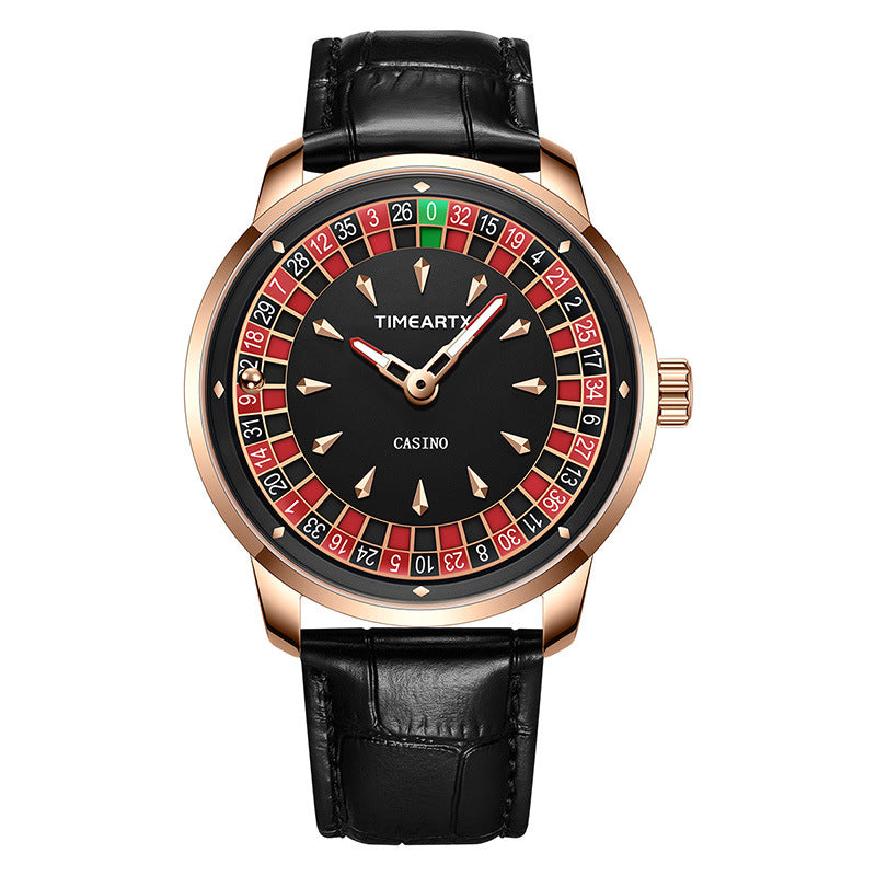 Timeartx Casino Roulette Wheel Watch | Rose Gold & Black Leather Quartz Watch for Men | Unique Novelty Dress Watch Gift