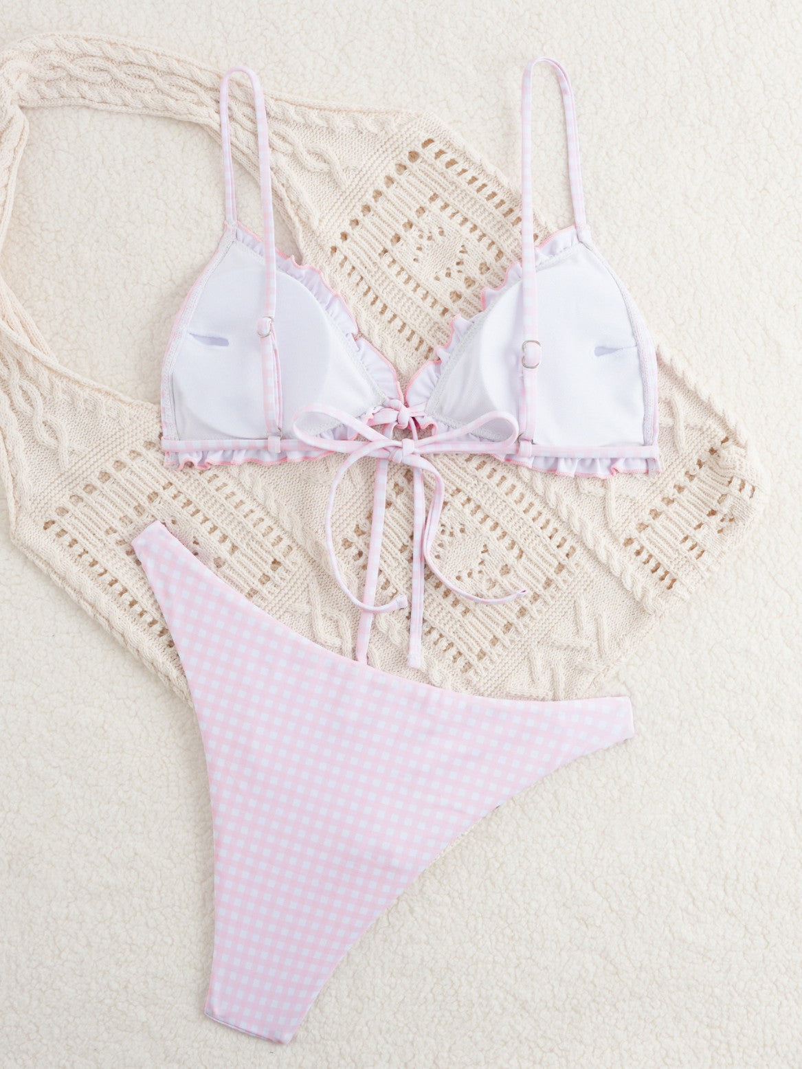 Pink Gingham Ruffle Bikini Set | Tie Front Triangle Top Cheeky Bottom Swimsuit | Women's Cute Summer Swimwear