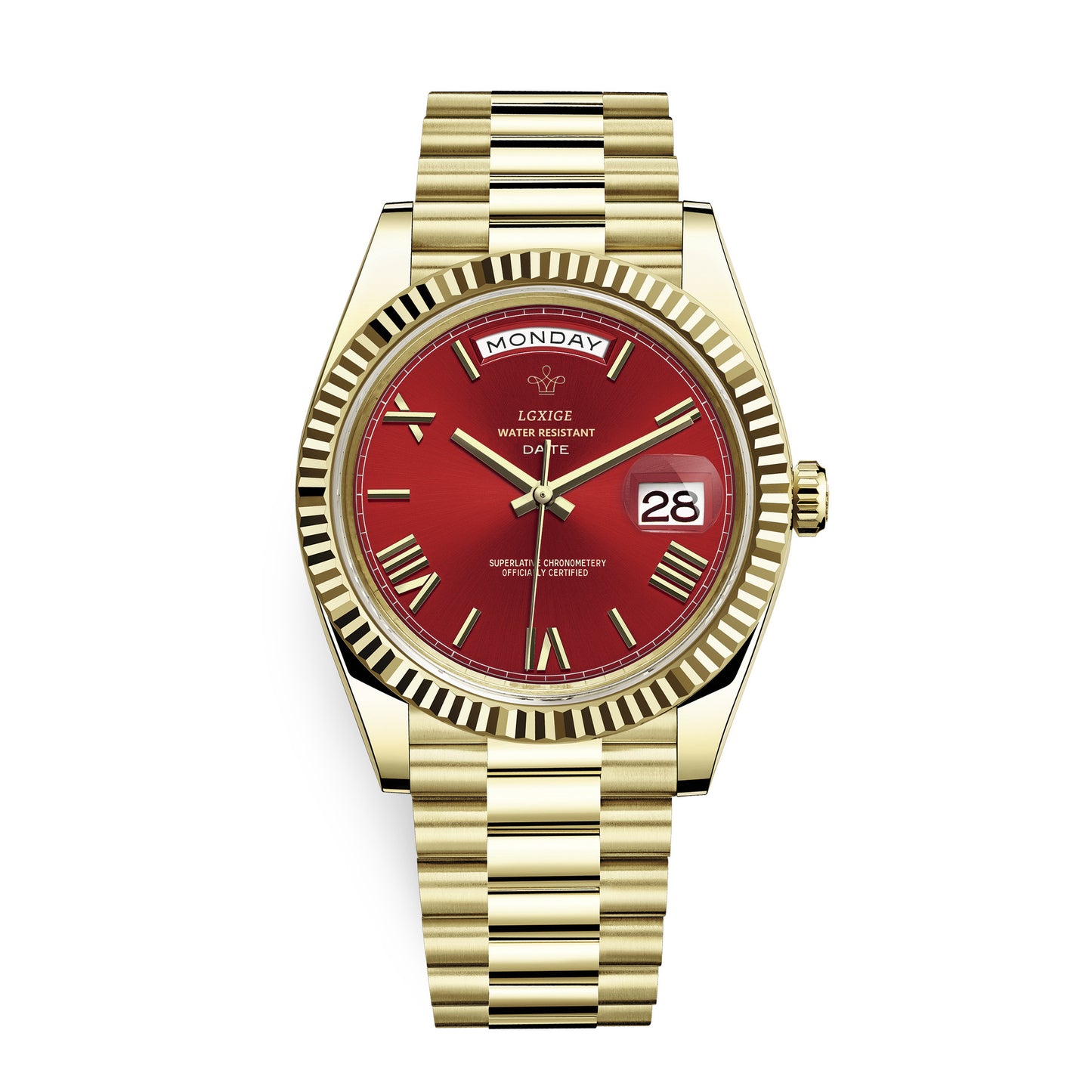 LGXIGE Men's Gold Day-Date Watch | Champagne Dial Fluted Bezel Presidential Bracelet Roman Numeral Luxury Watch