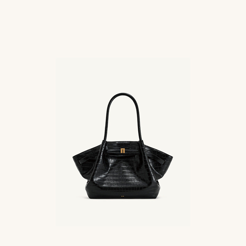 Borsa a mano strutturata in camoscio nero con design ad ala | Borsa tote trapezoidale