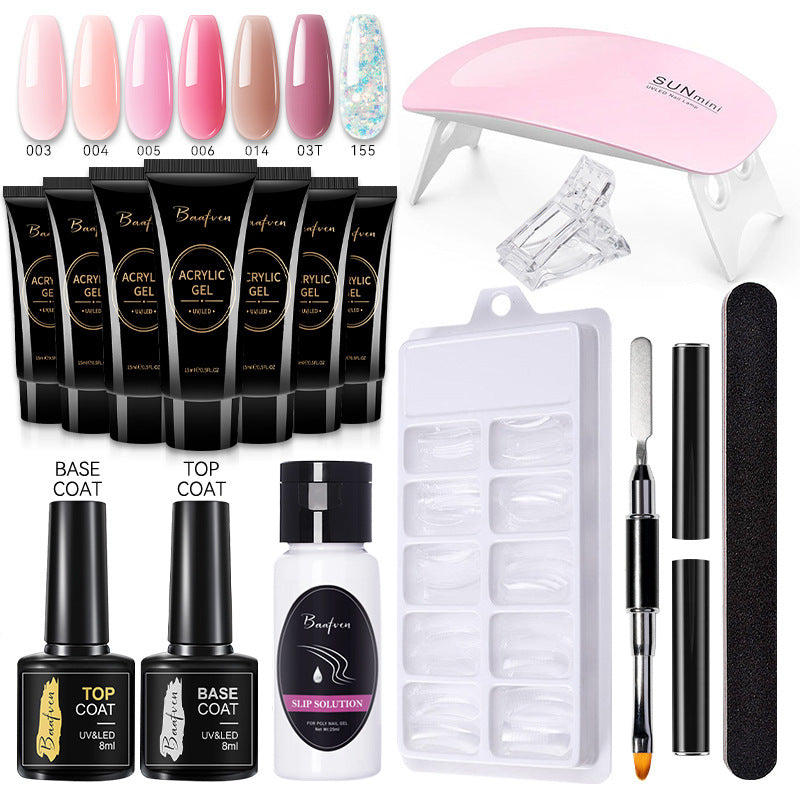 Baafven 11PCS Acrylic Gel Nail Extension Kit | Poly Gel Set with UV LED Nail Lamp, Top & Base Coat, Nail Forms & Tools