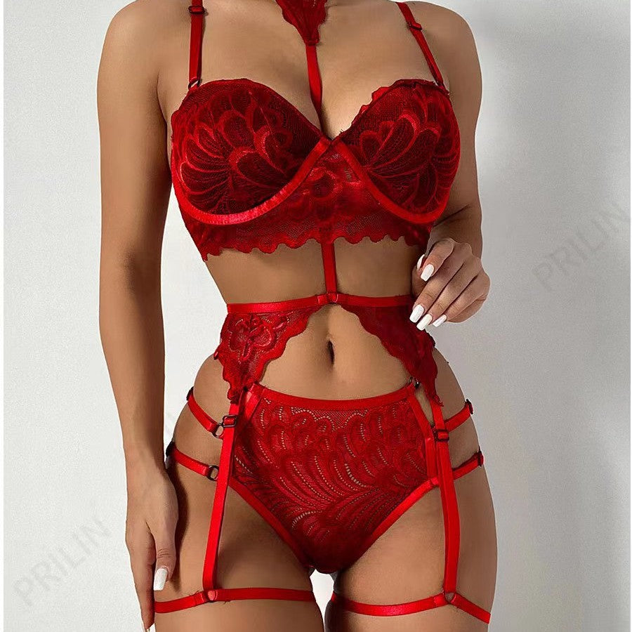 Women's Black Feather Lace 4 Piece Strappy Harness Lingerie Set Sexy Push Up Bra High Waist Panty Garter Belt and Leg Band Set
