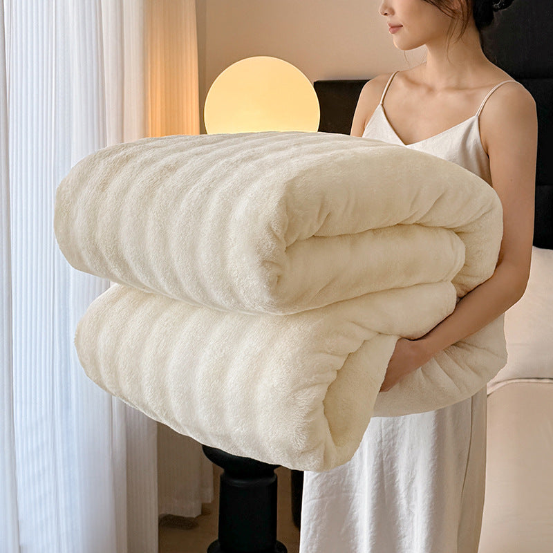 Coperta in pile soffice a righe crema | Plaid in peluche ultra morbido per letto e divano | Calda coperta invernale