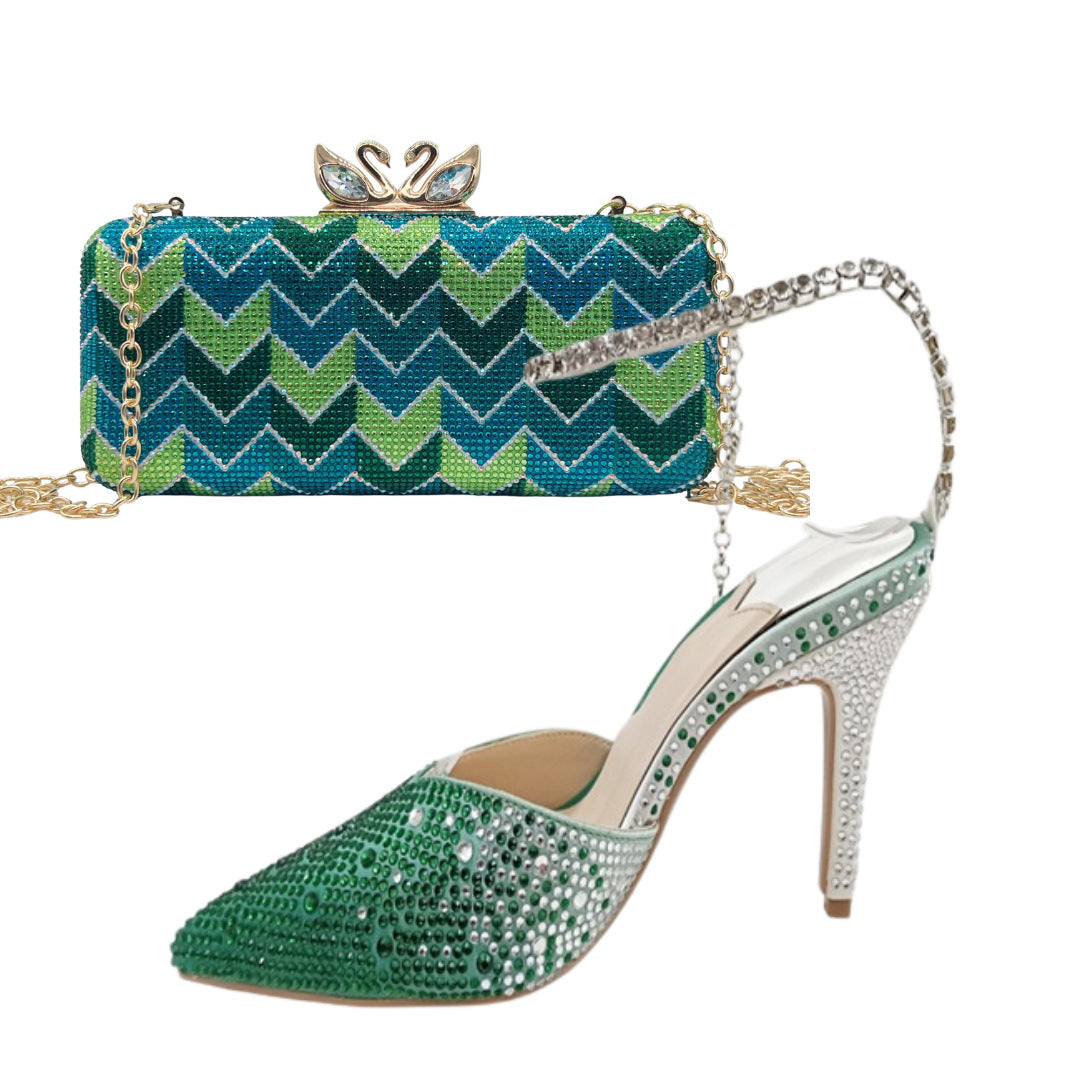 Green Crystal Rhinestone Heels & Matching Clutch Bag Set | Diamante Stiletto Pointed Toe Slingback Evening Shoes & Purse