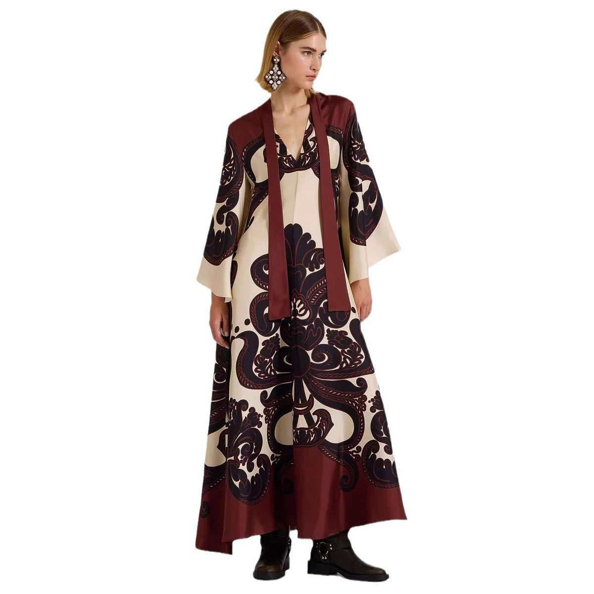 Baroque Damask Print Maxi Dress | Flared Bell Sleeves & Tie Neck | Luxury Cream Burgundy Boho Elegant Long Dress for Women