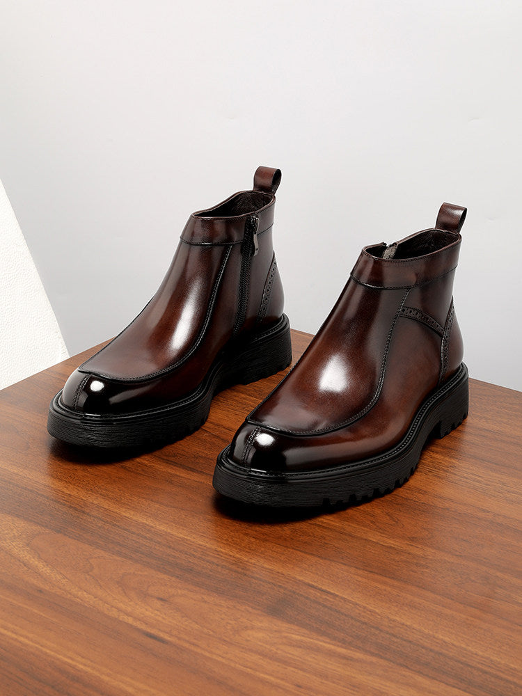 Men's Black Glossy Leather Platform Chelsea Ankle Boots | Luxury Zip-Up Thick Sole Dress Boots for Men