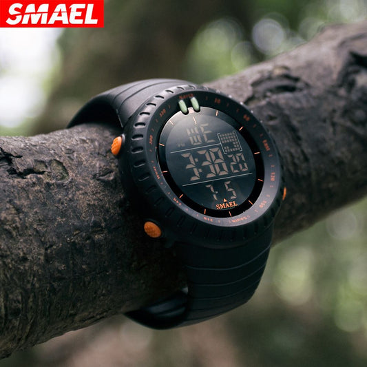 SMAEL Men's Digital Sport Watch | Compass Bezel Black Orange | Military Tactical LED Outdoor Watch with Calendar & Alarm
