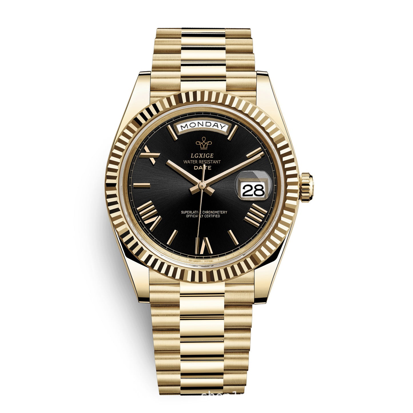LGXIGE Men's Gold Day-Date Watch | Champagne Dial Fluted Bezel Presidential Bracelet Roman Numeral Luxury Watch