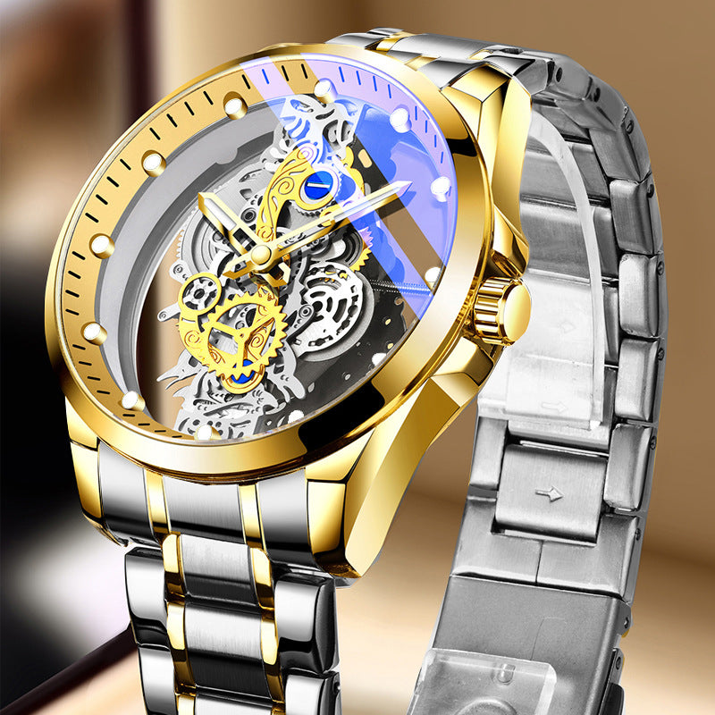 Skelettierte mechanische Herrenuhr mit Automatikwerk | Hohlprofil-Tourbillon, Goldzahnrad, Edelstahl | Luxuriöse Uhr mit blauen Akzenten 