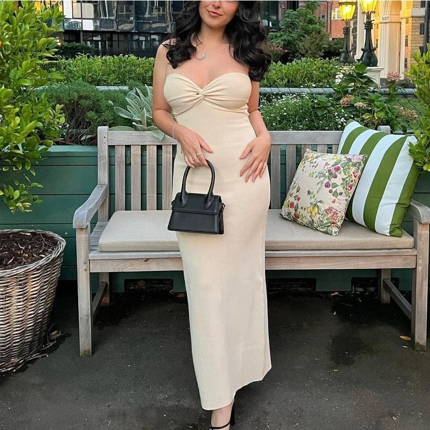 Black Strapless Midi Dress | Ribbed Bodycon Bandeau Dress | Elegant Evening & Party Dress for Women
