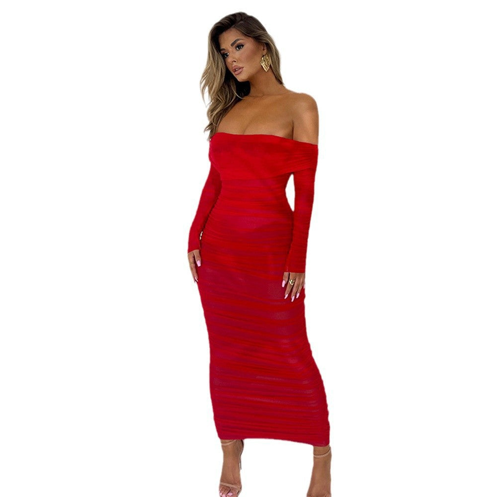 Women's Black Mesh Off Shoulder Ruched Midi Dress - Long Sleeve Sheer Bodycon Bardot Dress - Sexy Elegant Party Dress for Night Out, Club & Special Occasions