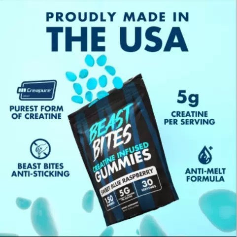Beast Bites Creatine Infused Gummies Sweet Blue Raspberry | 5g Creatine per Serving | 150 Gummies 30 Servings