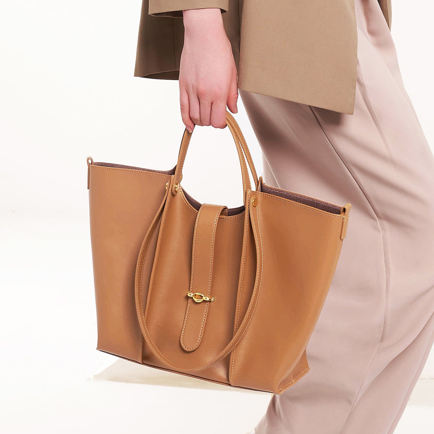 Caramel Tan Leather Tote Bag - Women's Structured Shoulder Bag with Gold Hardware | Large Capacity Work & Professional Tote