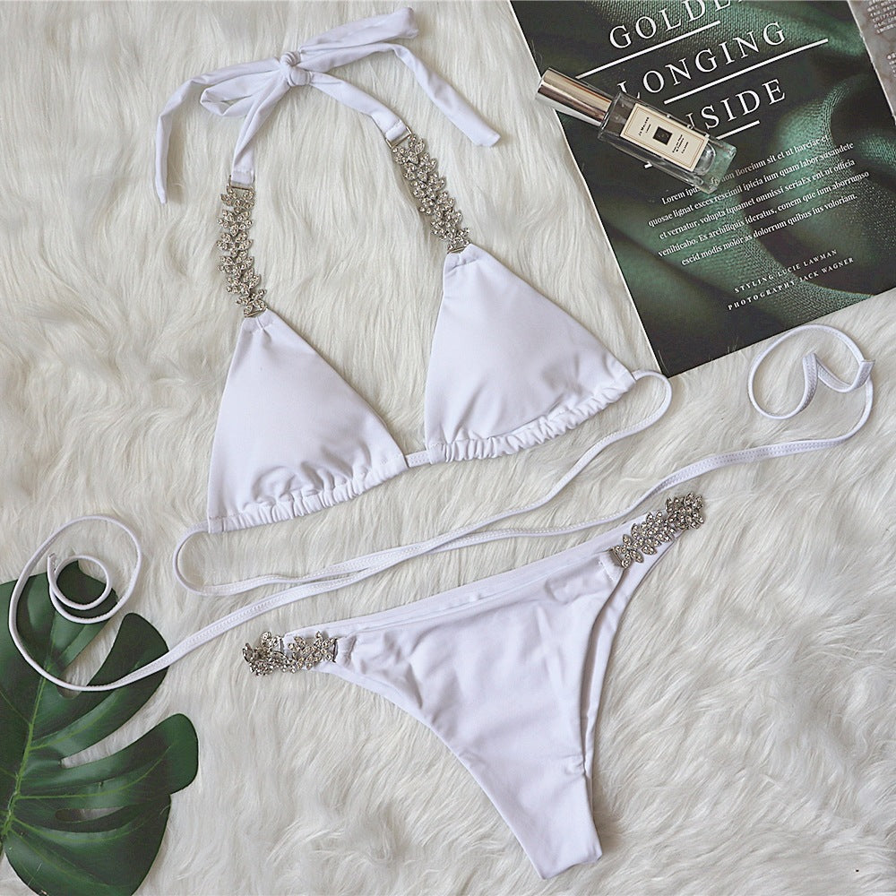White Crystal Floral Chain Bikini Set, Triangle Top with Rhinestone Body Chain Straps, Women Luxury Diamond Jeweled Swimwear, Bridal Bling Beach Swimsuit, Elegant Honeymoon Bathing Suit