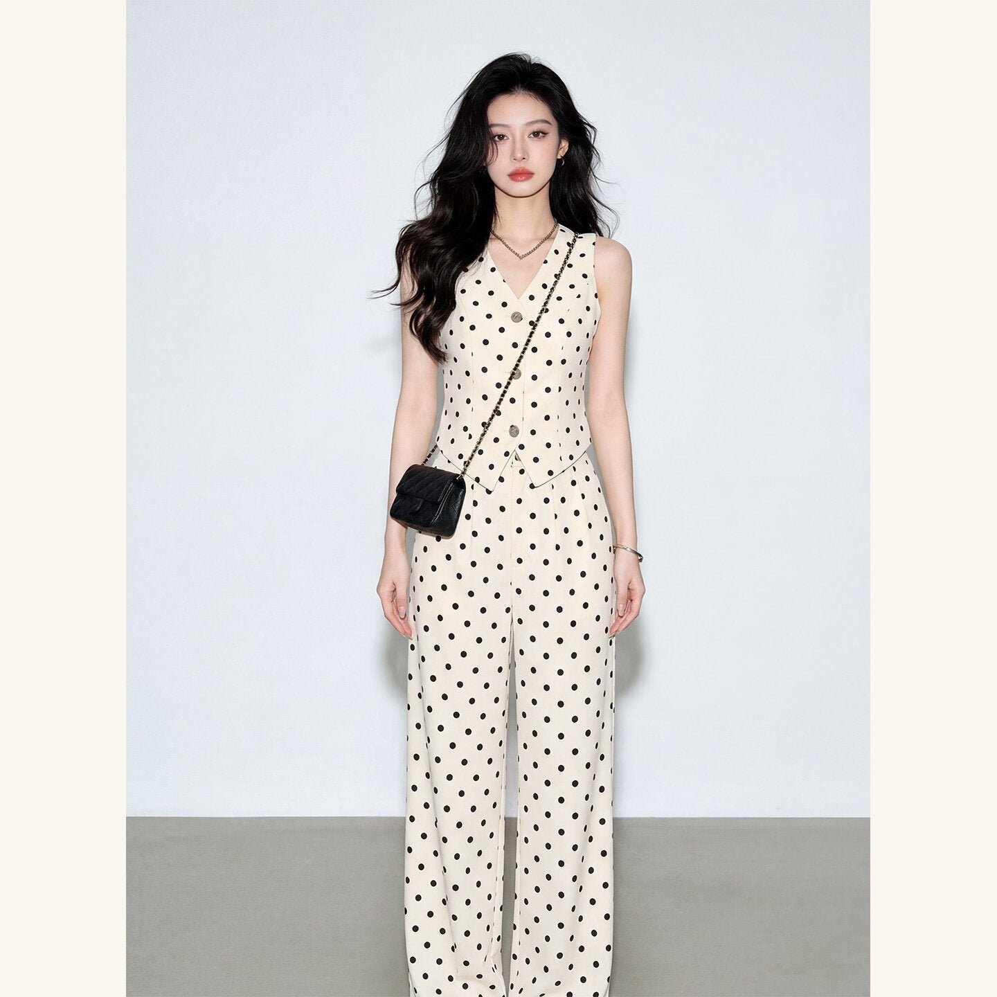 Women's Polka Dot Two-Piece Set | V-Neck Vest Top & Wide Leg Pants | Cream Black Dot Suit