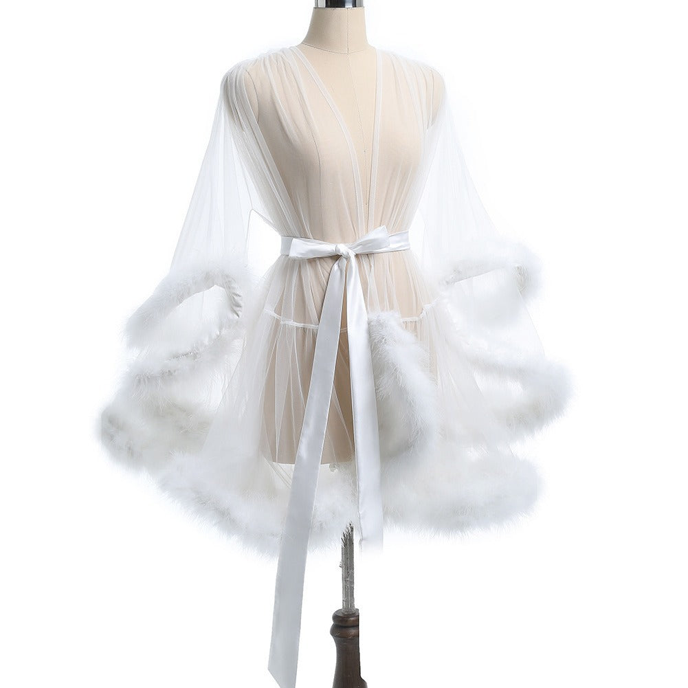 Feather Trim Sheer Mesh Lingerie Robe Set | 3-Piece Lace Bra Thong & Marabou Robe | Sexy Boudoir Intimates in Black Red White