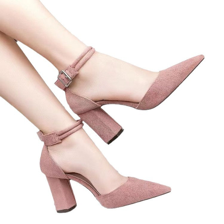 Black Suede Pointed Toe Block Heel Pumps | Double Ankle Strap Buckle High Heels | Women's Chunky Heel Dress Shoes
