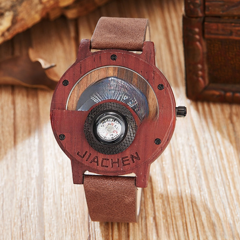 Mens Wooden Watch with Built In Compass Unique Turntable Dial Natural Wood Bracelet Quartz Wristwatch Handcrafted Gift for Men