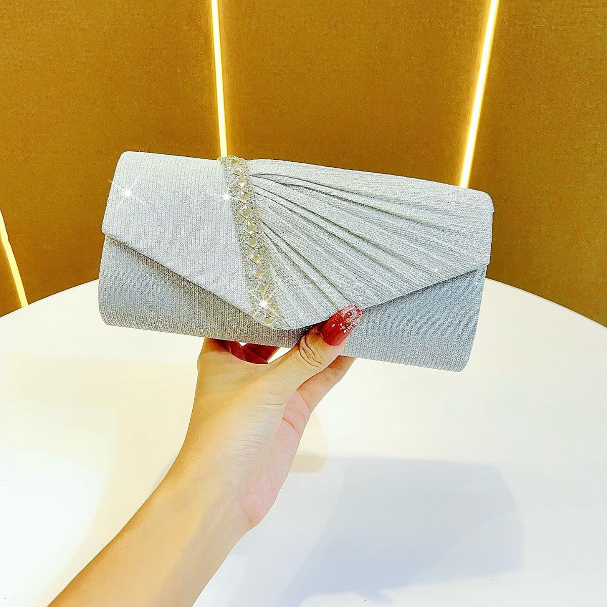 Silver Glitter Evening Clutch - Pleated Envelope Bag with Rhinestone Trim | Sparkly Formal Clutch for Weddings & Parties