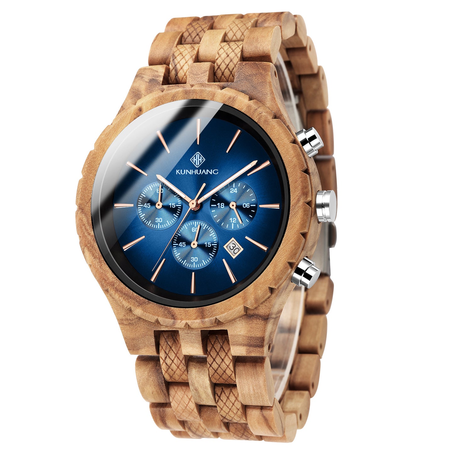 KUNHUANG Men's Wooden Chronograph Watch | Blue Dial Rose Gold Hands | Natural Wood Bracelet | Luxury Handcrafted Timepiece