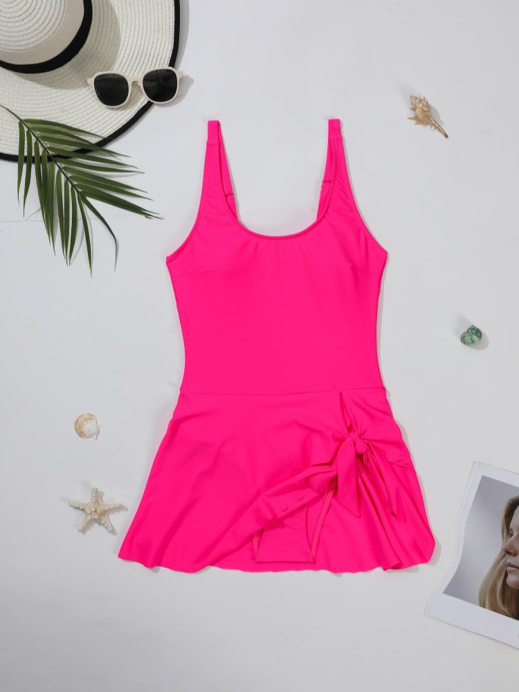 Black One-Piece Swimsuit with Wrap Skirt | Scoop Neck Tie Side Swim Dress | Tummy Control Beach Swimwear for Women
