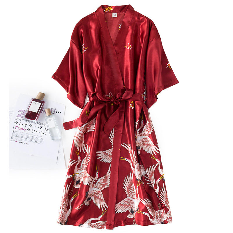 Navy Blue Satin Kimono Robe Women | Crane Print Silk-Feel Belted Robe | Luxury Sleepwear Loungewear Gift