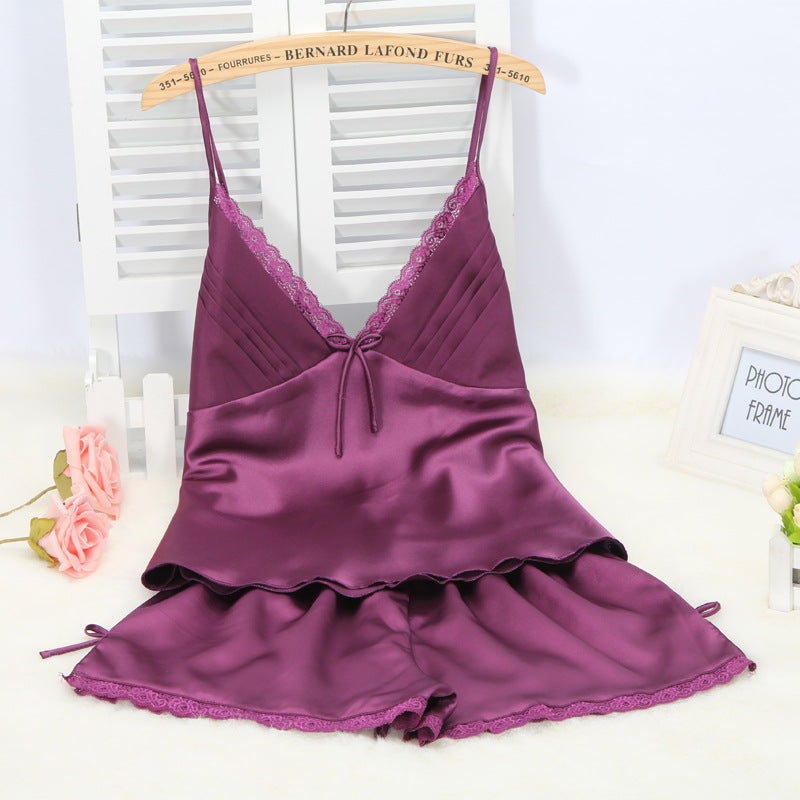 Satin Lace Trim Pajama Set | Cami Top & Shorts with Bow Detail | Silky Sleepwear for Women | Cream Loungewear Set