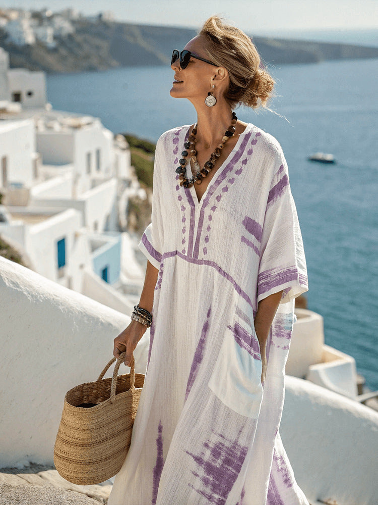 Women's Boho Linen Maxi Dress - Ivory White V-Neck Kaftan with Black Stripe Detail - Loose Oversized Beach Cover Up Long Dress - Summer Resort Vacation Dress