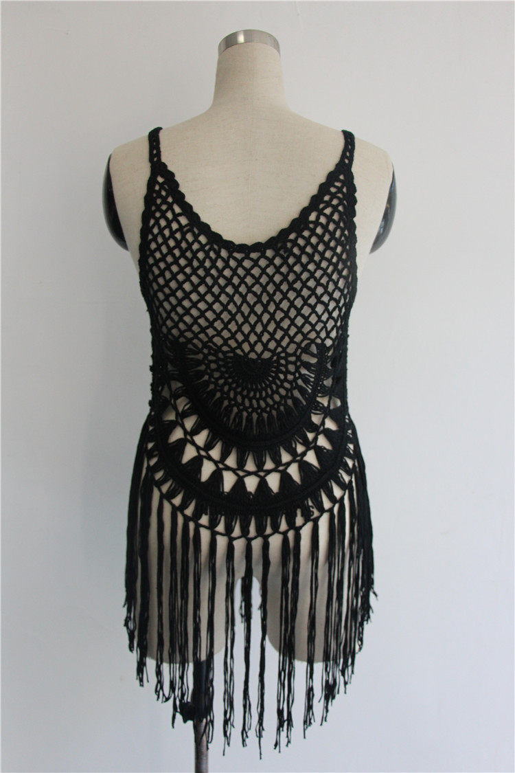 Black Crochet Fringe Lingerie Dress Women Sexy Hollow Out Tassel Babydoll Beach Cover Up Halter Boho Intimate Mini Dress