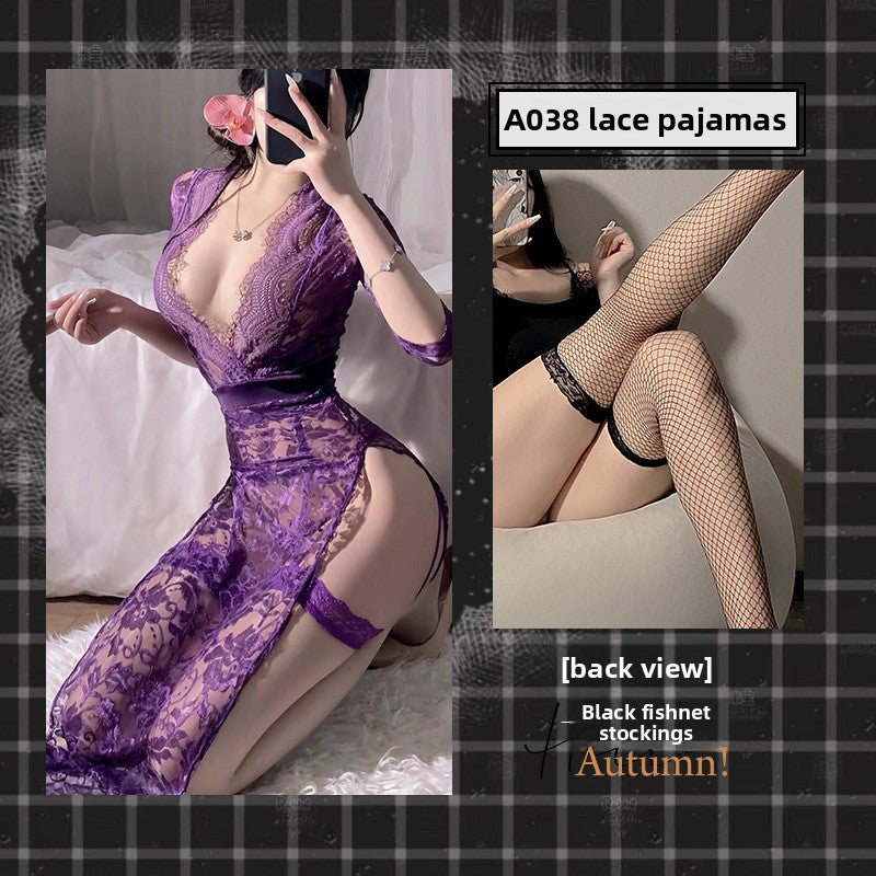 Women's Black Floral Vine Lace Maxi Dress Sexy Deep V Neck Long Sleeve High Slit See-Through Nightgown Lingerie Gown