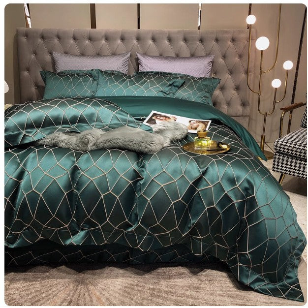 Luxury Black Gold Jacquard Satin Bedding Set, Silky Smooth Duvet Cover with Pillowcases for King Queen Bed