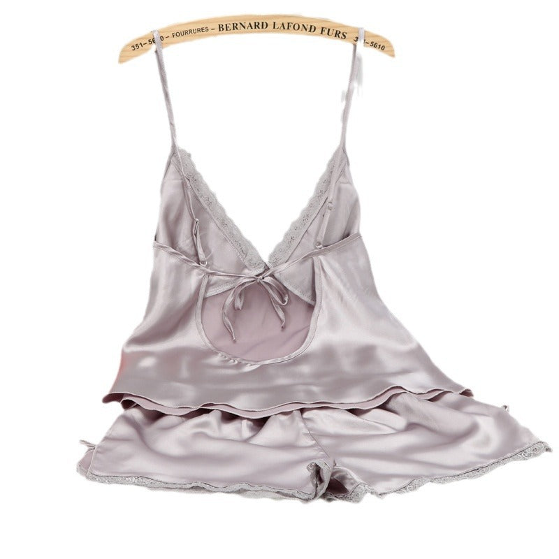 Satin Lace Trim Pajama Set | Cami Top & Shorts with Bow Detail | Silky Sleepwear for Women | Cream Loungewear Set