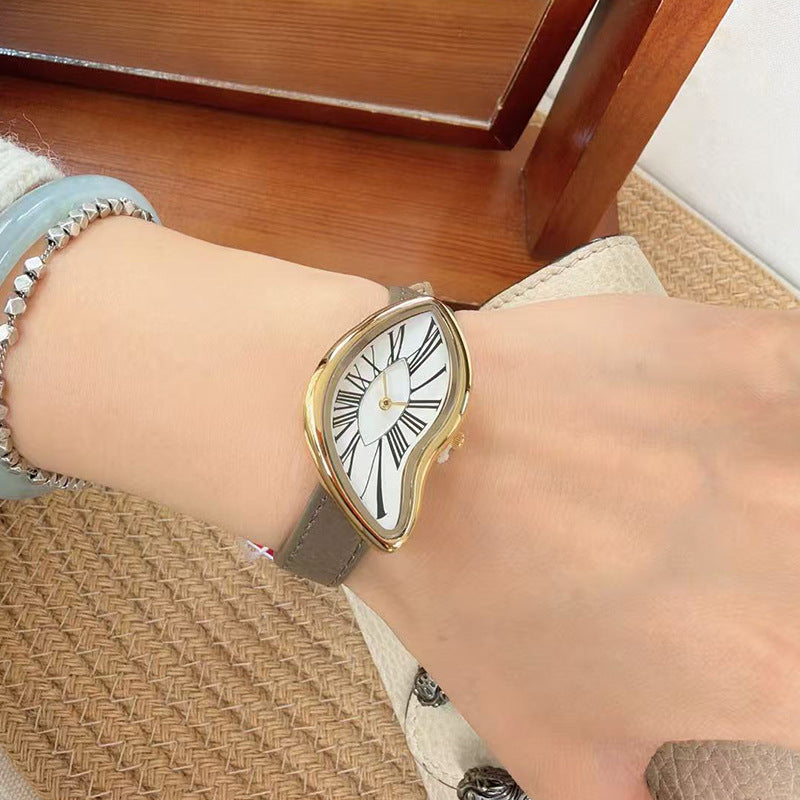 Salvador Dali Inspired Melting Watch | Surrealist Asymmetric Gold Case Women's Watch | Roman Numeral Leather Strap