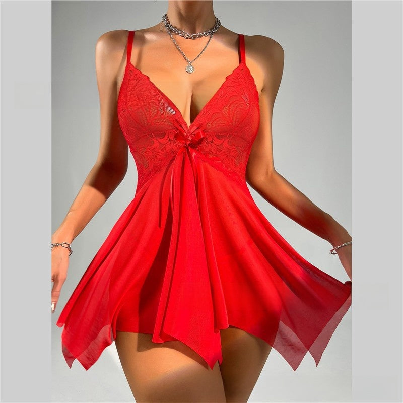 Women's Lace Mesh Babydoll Lingerie Set - Sheer V-Neck Nightgown with Bow Detail | Black Green White Red