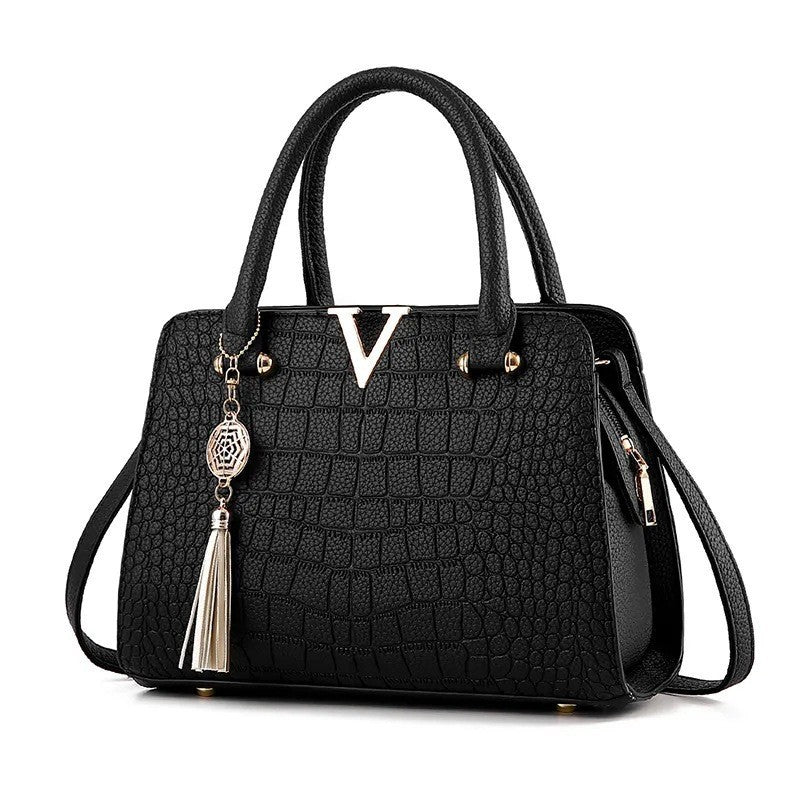 Black Crocodile Pattern Handbag with Gold V Hardware & Tassel | Luxury Women's Shoulder Satchel