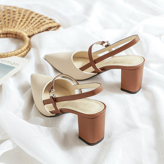 Women's Two-Tone Pointed Toe Block Heel Slingback Pumps | Beige & Brown Buckle Strap Mid Heel Dress Shoes ? Elegant Office & Party Heels