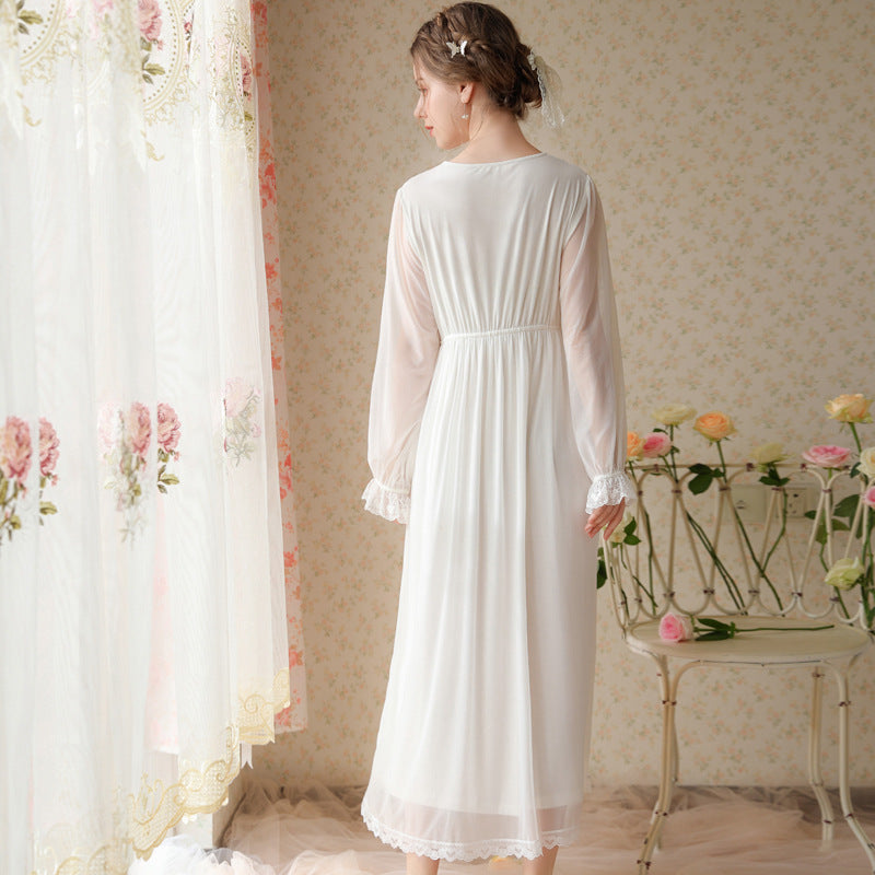 Women's White Victorian Lace Mesh Maxi Nightgown Elegant Long Sleeve Floral Applique Bridal Sleep Dress Sleepwear