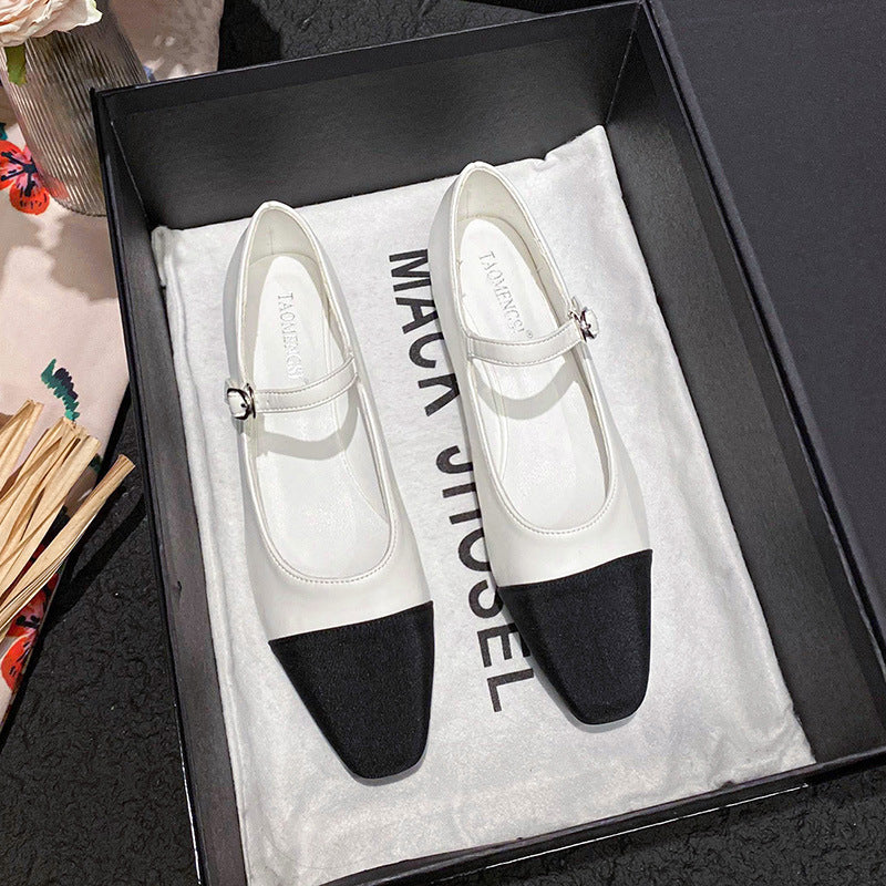 Silver Metallic Black Cap Toe Mary Jane Ballet Flats | Two-Tone Buckle Strap Pointed Flat Shoes for Women
