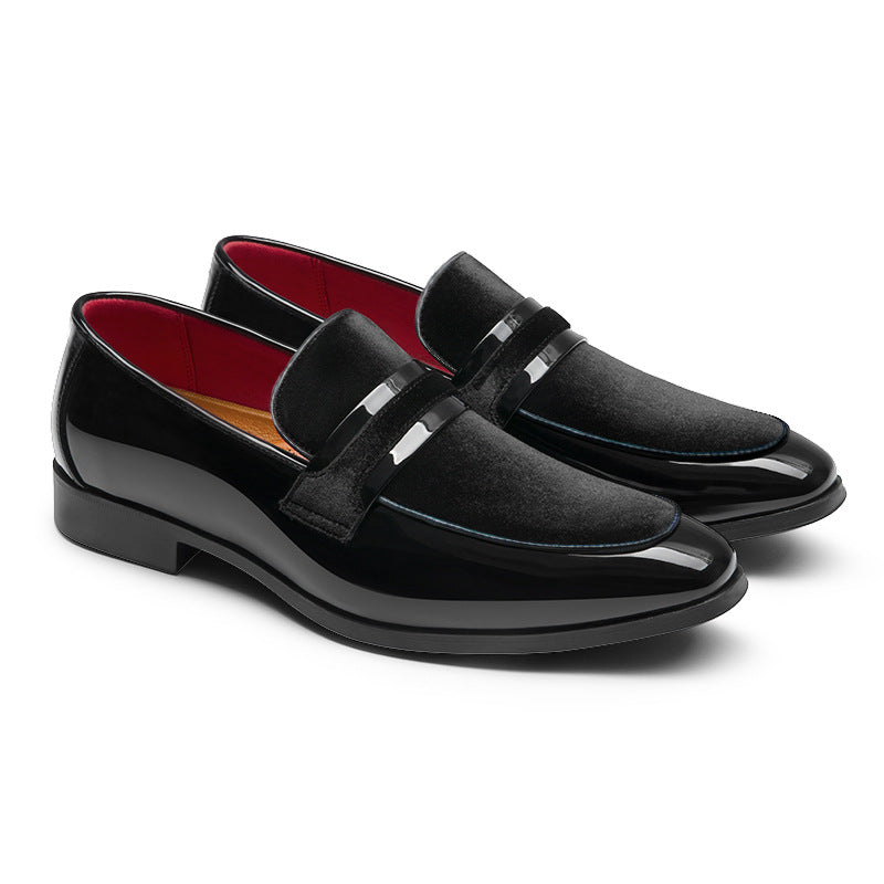 Men's Black Patent Leather & Velvet Loafers | Red Lining Silver Bar Strap Luxury Formal Dress Shoes