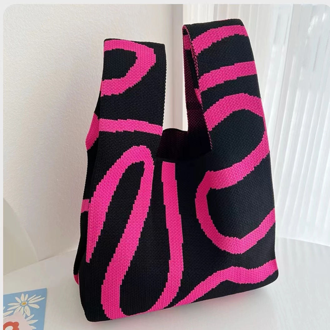 Black & White Geometric Knit Tote Bag | Aztec Pattern Wrist Handle Handbag | Boho Crochet Style Women's Bag
