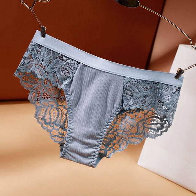 Sage Green Ribbed Lace Back Panties for Women Soft Cheeky Briefs Mid Rise Underwear Floral Lace Panel