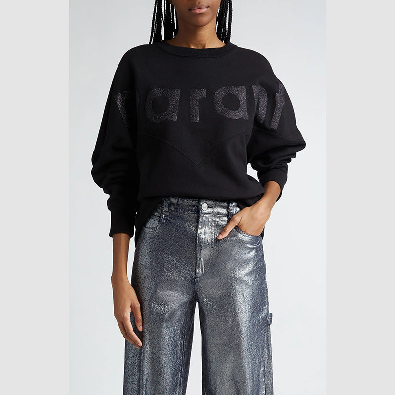 Black Glitter Logo Oversized Sweatshirt | Women's Relaxed Fit Crew Neck Pullover