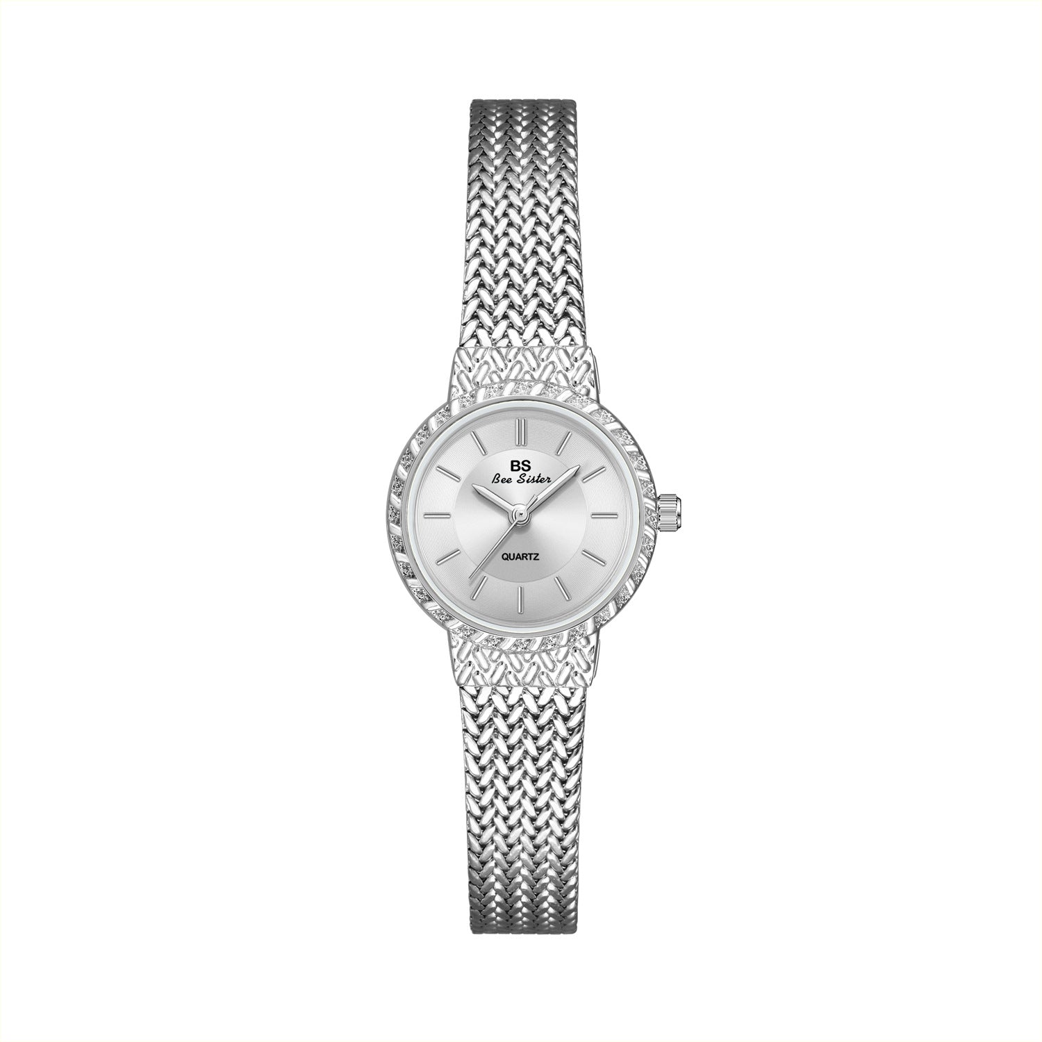 ساعة بي إس بي سيستر النسائية ذات المينا الصغيرة الكوارتز | مينا بنفسجي وسوار شبكي فضي منسوج | ساعة أنيقة للسيدات 