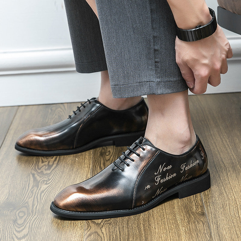Men's Black Bronze Patina Leather Oxford Dress Shoes | Script Embossed Luxury Lace-Up Formal Shoes